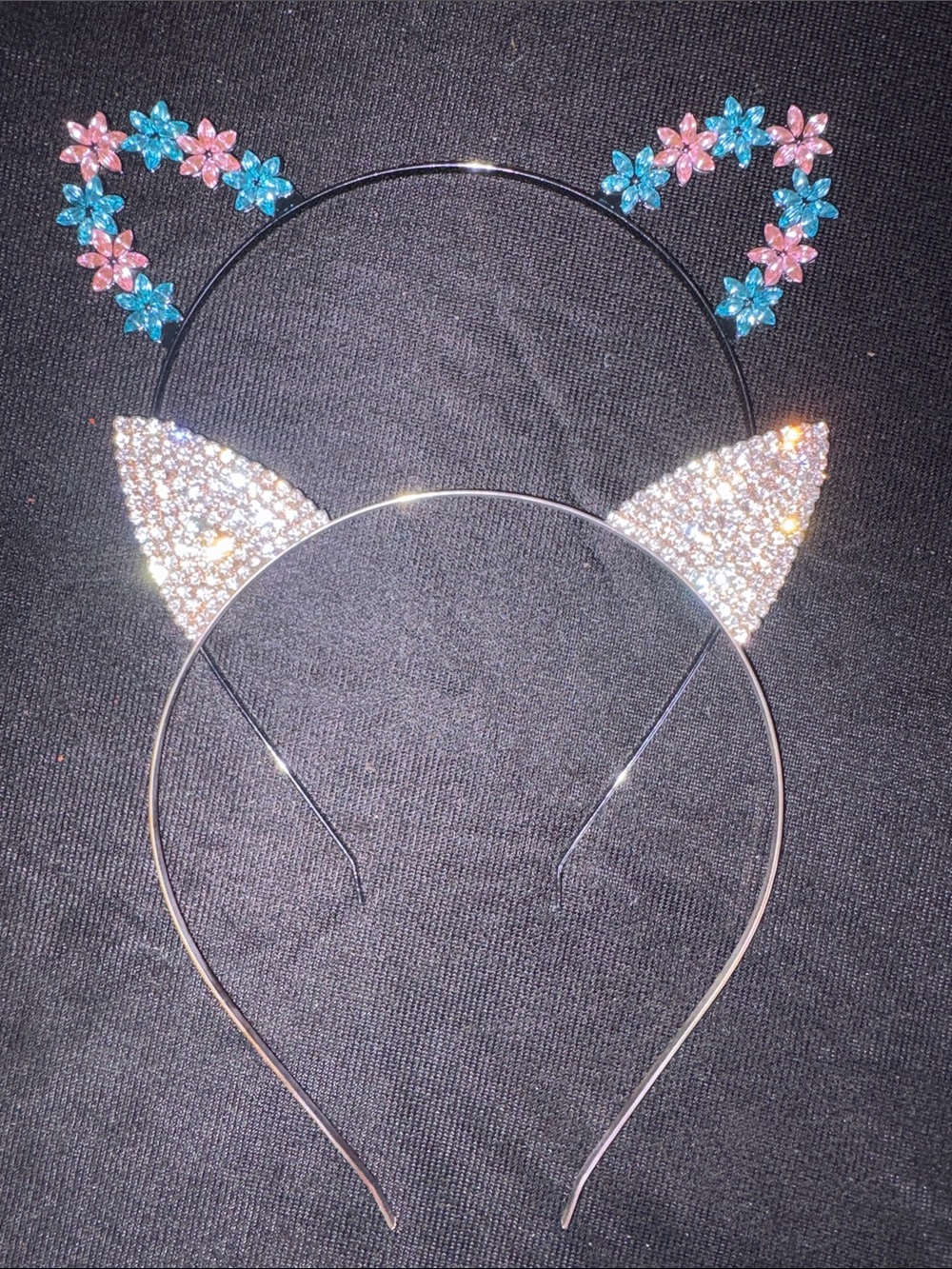 Sparkling Pink & Blue Flower & Rhinestone- Cat Ear Headbands for Kids 2 pc set